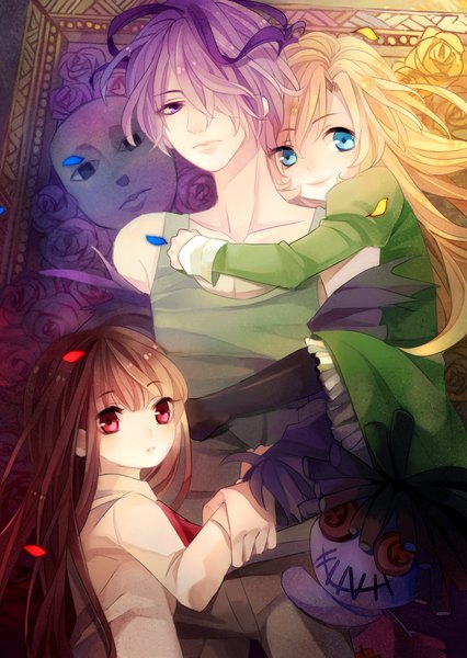 Anime picture 1570x2211 with ib (game) garry (ib) ib (ib) mary (ib) q-chiang long hair tall image fringe short hair blue eyes blonde hair smile red eyes brown hair purple eyes multiple girls holding purple hair lips hair over one eye