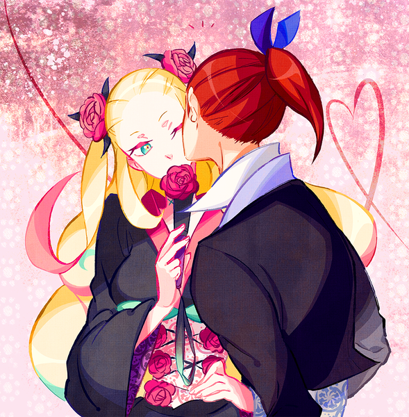 Anime picture 981x1000 with katanagatari white fox hiteihime (katanagatari) souda emonzaemon nyangsam long hair tall image short hair breasts blonde hair standing twintails holding green eyes payot looking away ponytail red hair long sleeves traditional clothes