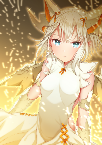 Anime picture 2000x2828 with puzzle & dragons miru (p&d) akirannu single tall image looking at viewer fringe highres short hair breasts open mouth blue eyes bare shoulders animal ears upper body bent knee (knees) white hair pointy ears sparkle dragon girl