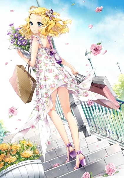 Anime picture 843x1200 with original cocoon (loveririn) single tall image blush short hair blue eyes blonde hair smile bare shoulders sky looking back wind wavy hair summer fashion girl dress hair ornament flower (flowers)