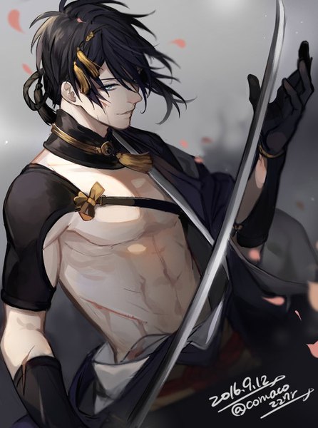 Anime picture 631x849 with touken ranbu nitroplus mikazuki munechika comaco single tall image fringe short hair open mouth black hair smile holding signed parted lips head tilt profile arm up aqua eyes dated scar