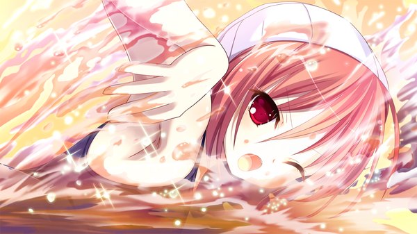 Anime picture 1280x720 with imo-bilizer! majima yui uriri umetori short hair open mouth red eyes brown hair wide image game cg one eye closed wink girl swimsuit water