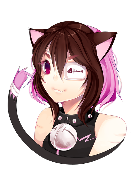 Anime picture 862x1088 with original loyproject tall image looking at viewer short hair smile brown hair animal ears pink hair tail animal tail pink eyes multicolored hair light smile cat ears cat girl cat tail sleeveless transparent background skeleton