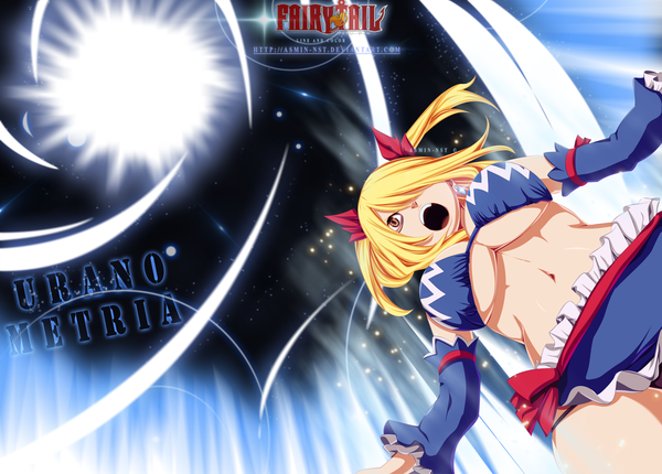 Anime picture 5440x3906 with fairy tail lucy heartfilia iitheluciferii single long hair fringe highres breasts open mouth light erotic blonde hair large breasts twintails brown eyes absurdres hair over one eye inscription from below midriff coloring