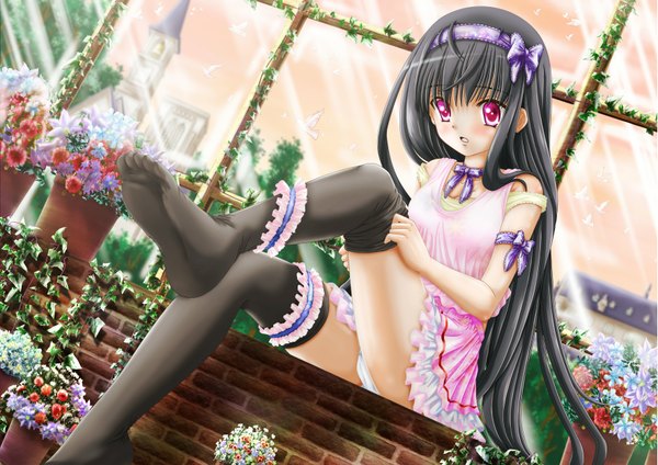 Anime picture 1771x1254 with original nagano sinya single long hair blush highres light erotic black hair sitting sunlight legs pantyshot sitting girl thighhighs skirt underwear panties flower (flowers) black thighhighs frills