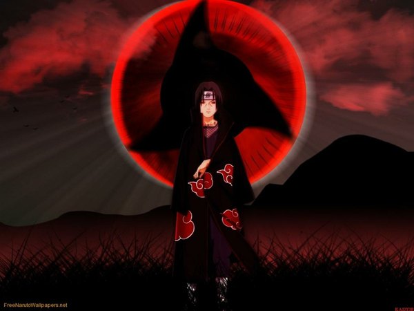 Anime picture 1600x1200 with naruto studio pierrot naruto (series) uchiha itachi single black hair red eyes cloud (clouds) mountain akatsuki sharingan boy plant (plants) grass bandana