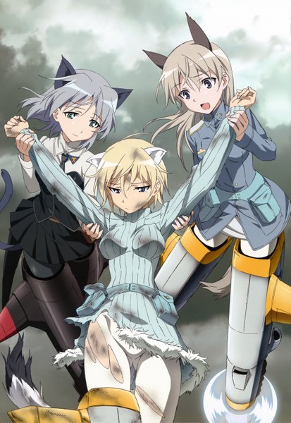 Anime picture 4084x5934 with strike witches nyantype sanya v. litvyak eila ilmatar juutilainen nikka edvardine katajainen long hair tall image highres short hair open mouth blue eyes blonde hair multiple girls green eyes animal ears absurdres silver hair animal tail black eyes official art