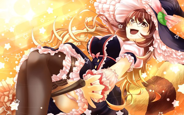 Anime picture 1920x1200 with touhou kirisame marisa futatsuiwa mamizou syouji-fascism single long hair highres open mouth light erotic brown hair wide image brown eyes pantyshot sitting witch kirisame marisa (cosplay) girl thighhighs dress black thighhighs glasses