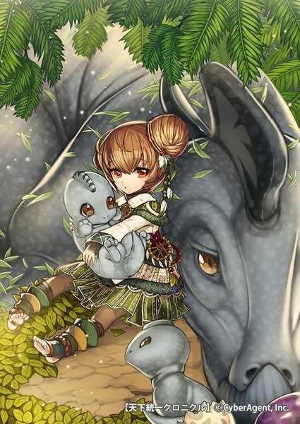 Anime picture 724x1023 with original garam tall image looking at viewer short hair brown hair sitting brown eyes fantasy girl dress leaf (leaves) dragon