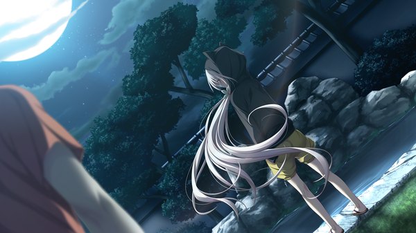 Anime picture 1280x720 with chrono clock kuro (chrono clock) koku long hair red eyes wide image game cg white hair night girl plant (plants) tree (trees) shorts hood moon