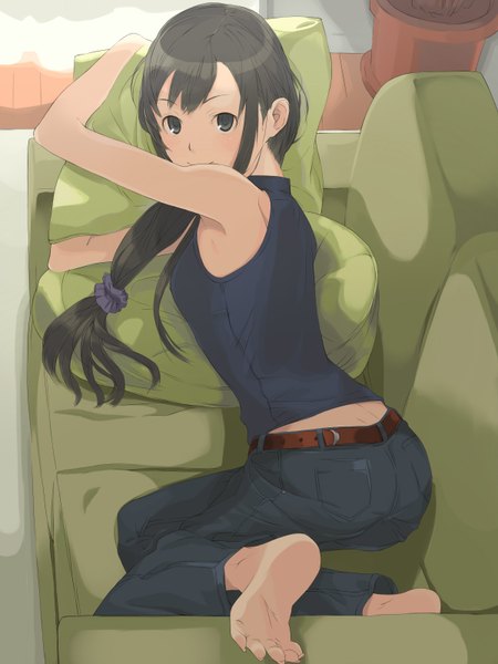 Anime picture 1200x1600 with original olg single long hair tall image black hair smile bare shoulders barefoot black eyes girl pillow couch jeans