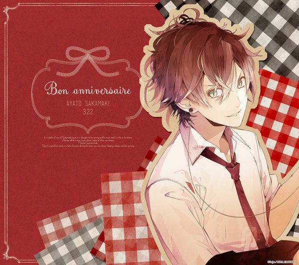 Anime picture 2160x1920 with diabolik lovers idea factory rejet sakamaki ayato satoi (artist) highres short hair brown hair green eyes looking away light smile inscription short sleeves piercing ear piercing open collar red background happy birthday checkered checkered background