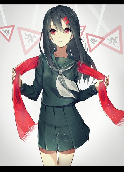 Anime picture 670x925 with kagerou project shaft (studio) tateyama ayano daluto (hitomi555) single long hair tall image fringe black hair simple background red eyes standing parted lips letterboxed girl skirt uniform hair ornament school uniform hairclip