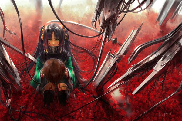 Anime picture 1646x1100 with kikokugai nitroplus ruili kong taolo kzcjimmy single long hair black hair sitting twintails grey eyes girl flower (flowers) petals sword katana blood wire (wires)