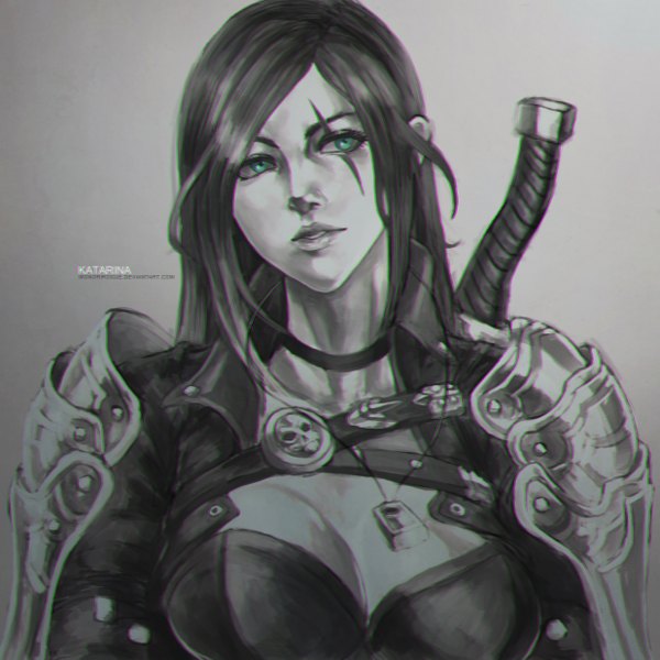 Anime picture 2474x2474 with league of legends katarina (league of legends) monori rogue single long hair highres breasts black hair simple background green eyes looking away lips inscription grey background monochrome scar eyebrows girl weapon choker
