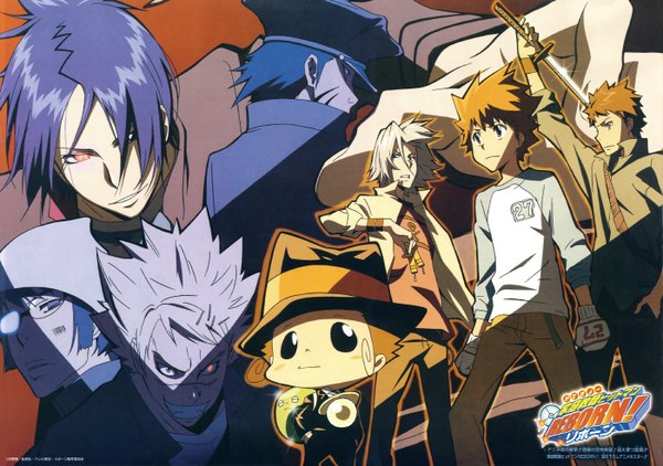 Anime picture 1400x986 with katekyou hitman reborn sawada tsunayoshi hibari kyouya rokudo mukuro gokudera hayato yamamoto takeshi reborn chikusa kakimoto lancia looking at viewer short hair smile brown hair brown eyes blue hair looking away purple hair white hair profile inscription