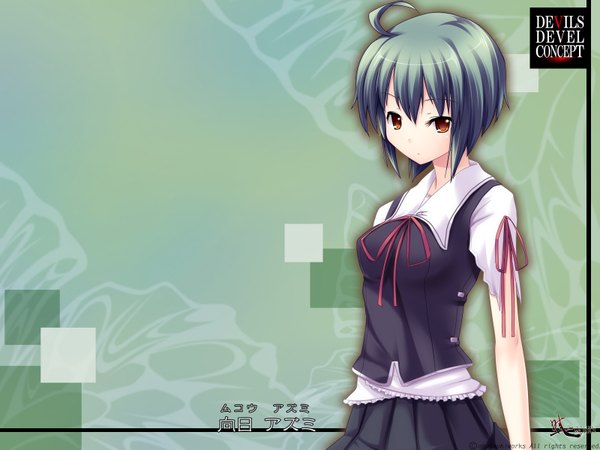 Anime picture 1600x1200 with devils devel concept (game) single short hair brown eyes blue hair game cg ahoge girl