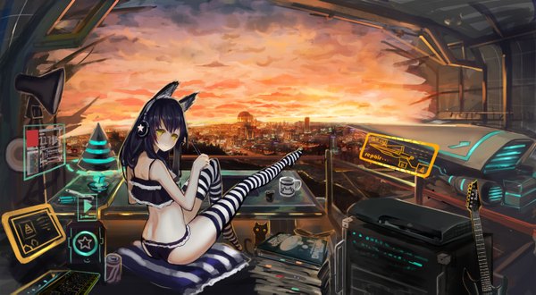 Anime picture 1500x827 with original bn-227 long hair looking at viewer light erotic black hair wide image sitting bare shoulders animal ears yellow eyes sky cloud (clouds) looking back cat ears evening sunset scenic ruins girl