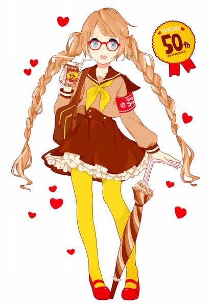 Anime picture 1000x1445 with original yukijirushi yukiko-tan kise (swimmt) single long hair tall image looking at viewer open mouth blue eyes simple background brown hair white background braid (braids) twin braids closed umbrella anniversary girl pantyhose glasses