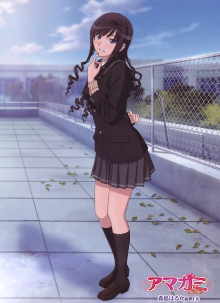 Anime picture 3219x4422 with amagami morishima haruka single long hair tall image highres blue eyes black hair absurdres curly hair girl skirt uniform school uniform miniskirt socks serafuku