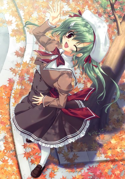 Anime picture 2354x3372 with akane iro ni somaru saka shiina mitsuki izumi tsubasu single tall image highres open mouth red eyes one eye closed green hair wink hand on hip autumn girl serafuku leaf (leaves)