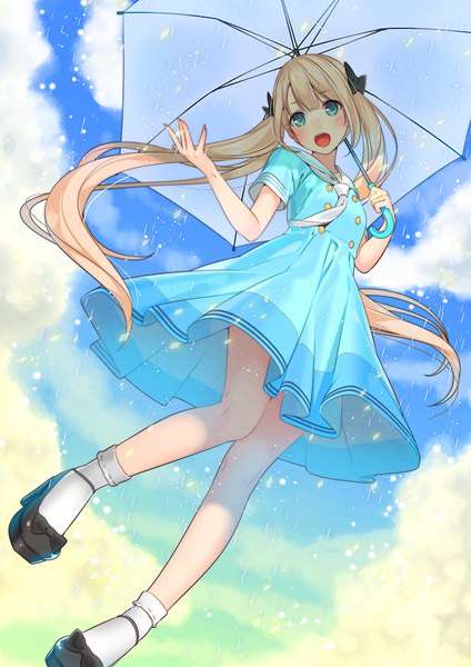Anime picture 778x1100 with original ama mitsuki single long hair tall image blush fringe open mouth blonde hair twintails holding looking away sky cloud (clouds) full body bent knee (knees) blunt bangs :d aqua eyes sparkle
