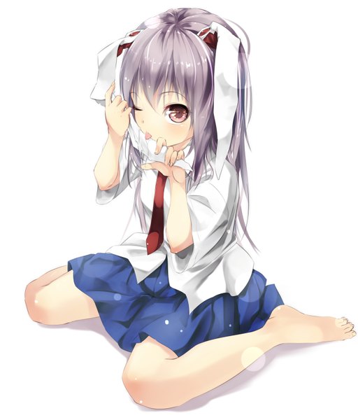 Anime picture 1282x1500 with touhou reisen udongein inaba gorilla (bun0615) single long hair tall image looking at viewer fringe simple background white background sitting holding animal ears purple hair bent knee (knees) pleated skirt one eye closed pink eyes barefoot bare legs