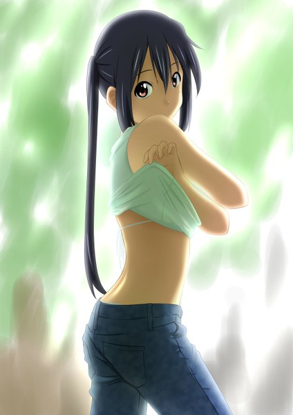 Anime picture 1050x1484 with k-on! kyoto animation nakano azusa oku no shi single long hair tall image looking at viewer light erotic black hair red eyes twintails bare shoulders back undressing girl jeans