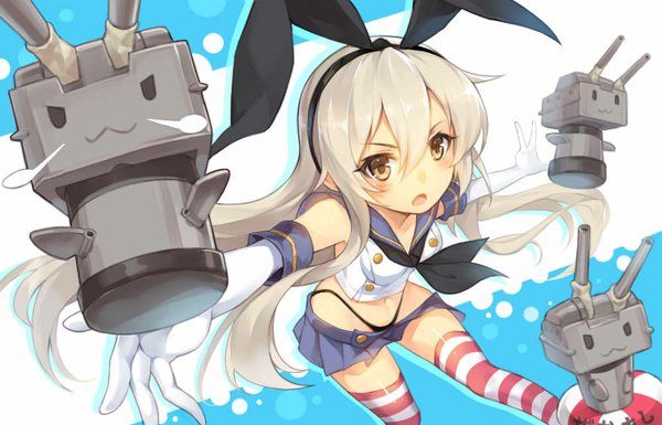 Anime picture 1000x642 with kantai collection shimakaze destroyer rensouhou-chan suika01 long hair looking at viewer blush open mouth blonde hair yellow eyes zettai ryouiki outstretched arm steam :3 weightlessness jpeg artifacts girl thighhighs skirt gloves