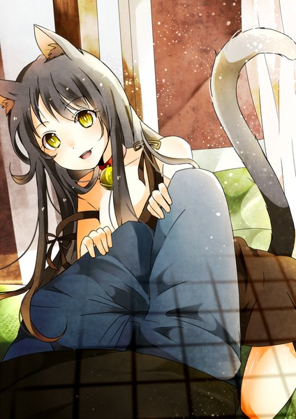 Anime picture 867x1227 with original mashiro aa long hair tall image looking at viewer fringe open mouth black hair bare shoulders animal ears yellow eyes tail animal tail cat ears cat girl cat tail kneeling girl dress boy