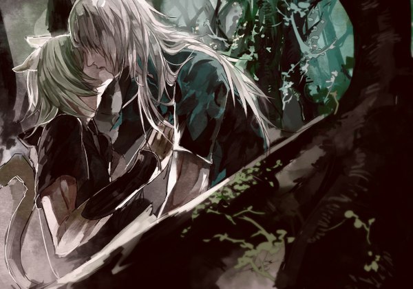 Anime picture 1280x899 with lamento nitro+chiral konoe rai tagme (artist) long hair fringe short hair blonde hair animal ears tail animal tail grey hair cat ears hair over one eye multiple boys cat tail couple hug kiss