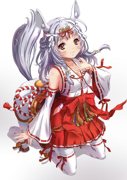 Anime picture 800x1131 with original chaki-yam single long hair tall image blush simple background white background brown eyes animal ears silver hair tail traditional clothes animal tail miko girl hair ornament detached sleeves bell jingle bell