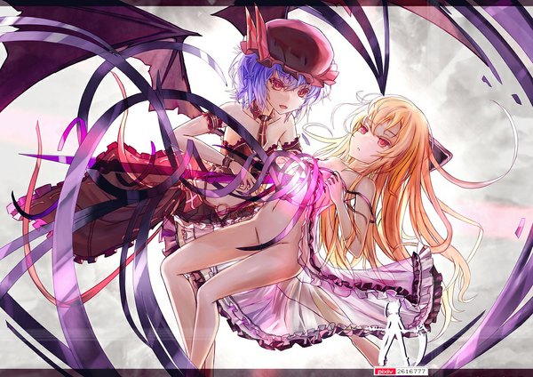 Anime picture 1131x800 with guilty crown touhou production i.g remilia scarlet present (guilty crown) wangchuan de quanyan long hair short hair open mouth light erotic blonde hair red eyes bare shoulders multiple girls purple hair open clothes letterboxed bat wings girl dress