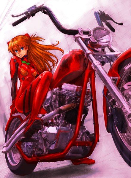 Anime picture 883x1200 with neon genesis evangelion gainax soryu asuka langley boyaking(sbf) single long hair tall image looking at viewer blue eyes smile sitting orange hair girl pilot suit motorcycle