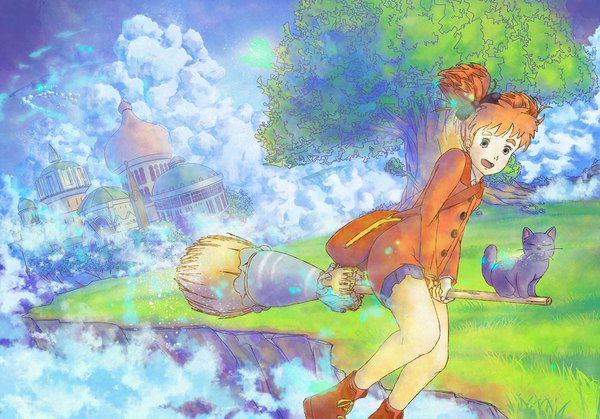 Anime picture 1600x1119 with mary to majo no hana mary (mary to majo no hana) tib usatarosu short hair twintails cloud (clouds) orange hair grey eyes short twintails eyebrows flying broom riding floating island girl skirt bow plant (plants) hair bow miniskirt
