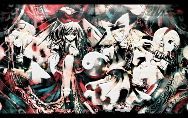 Anime picture 1920x1200 with touhou hakurei reimu kirisame marisa yakumo yukari alice margatroid kei (keigarou) redalice highres blonde hair red eyes wide image multiple girls brown eyes yellow eyes braid (braids) traditional clothes japanese clothes twin braids miko witch