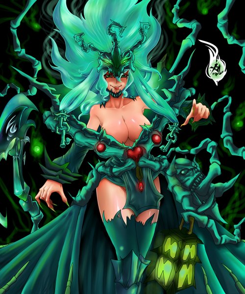 Anime picture 1500x1800 with league of legends thresh (league of legends) yoml (artist) single long hair tall image breasts light erotic large breasts bare shoulders green eyes cleavage green hair legs genderswap girl thighhighs lantern