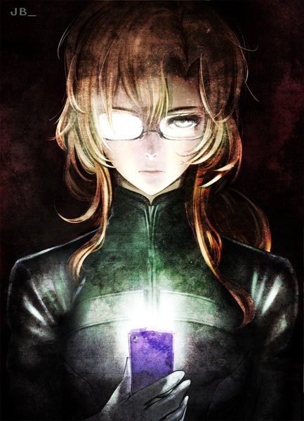Anime picture 1156x1602 with steins;gate white fox kiryuu moeka giba (out-low) single long hair tall image looking at viewer brown hair brown eyes portrait girl glasses phone