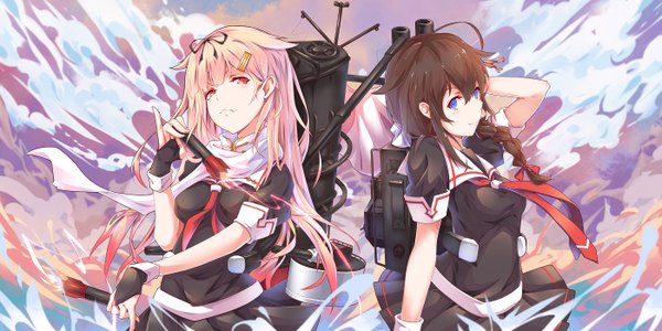 Anime picture 2800x1400 with kantai collection shigure destroyer yuudachi destroyer litsvn long hair highres blue eyes blonde hair smile red eyes brown hair wide image multiple girls holding sky cloud (clouds) braid (braids) pleated skirt arm behind head remodel (kantai collection)