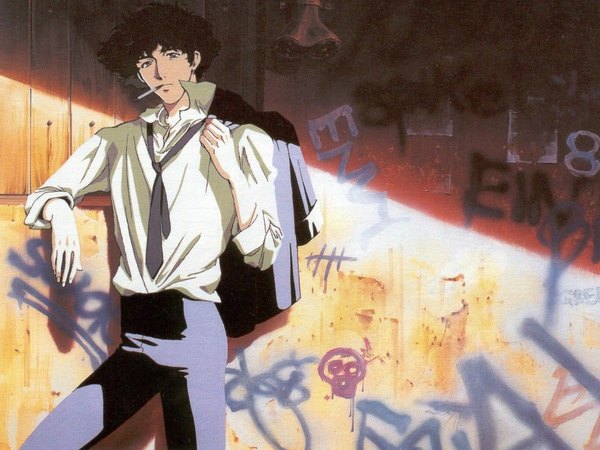 Anime picture 1024x768 with cowboy bebop sunrise (studio) spike spiegel single wallpaper smoking graffiti boy necktie cigarette