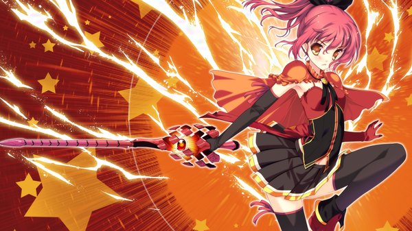 Anime picture 1280x720 with colorful cure ichinose hanatsu moric (artist) short hair wide image yellow eyes game cg red hair girl thighhighs skirt gloves weapon black thighhighs miniskirt sword elbow gloves star (symbol)