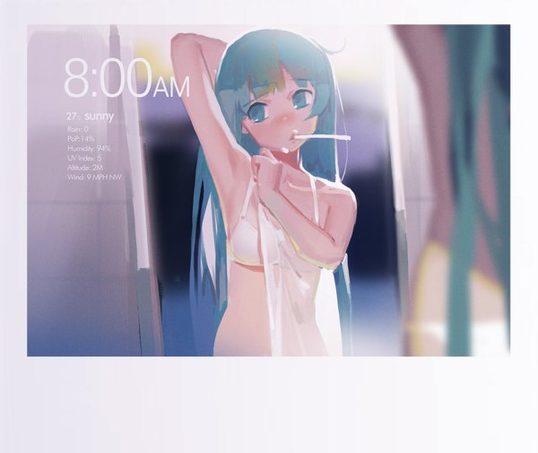 Anime picture 1059x893 with original hjl single long hair blush fringe light erotic bare shoulders holding looking away blunt bangs head tilt arm up aqua eyes blurry aqua hair bare belly armpit (armpits) mouth hold arm behind head