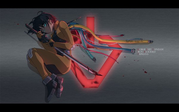 Anime picture 1440x900 with mobile suit gundam gundam tekketsu no orphans sunrise (studio) mikazuki augus liusang single looking at viewer short hair black hair simple background lying aqua eyes grey background copyright name letterboxed logo bloody weapon embryo's pose boy weapon