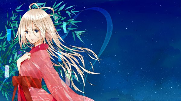 Anime picture 2333x1312 with vocaloid ia (vocaloid) natsuiro single long hair looking at viewer highres blue eyes wide image silver hair traditional clothes japanese clothes night night sky hand on chest tanabata girl bow ribbon (ribbons) plant (plants)