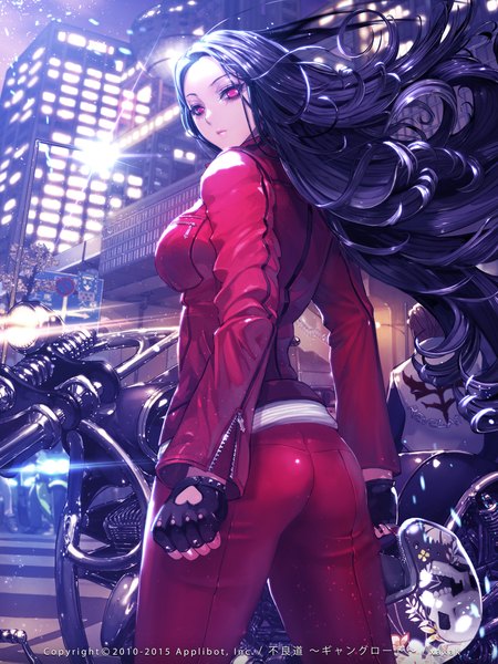 Anime picture 1600x2133 with furyou michi ~gang road~ xaxak long hair tall image breasts black hair red eyes standing looking back from behind night sparkle night sky light city lights shiny girl boy gloves black gloves