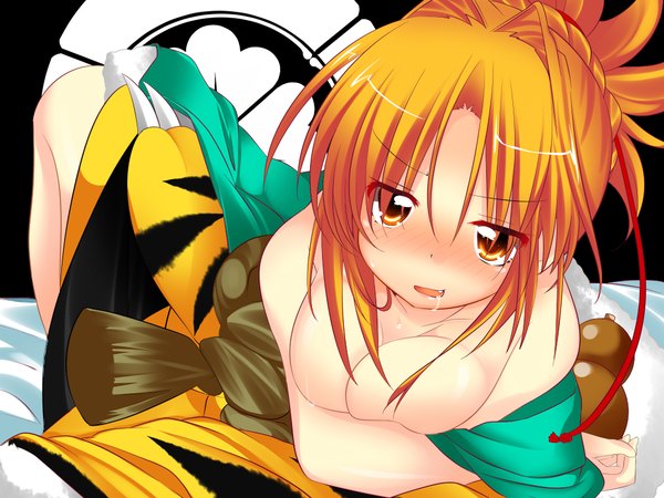 Anime picture 1000x750 with oda nobuna no yabou oda nobuna haruta (806060) looking at viewer blush short hair breasts open mouth light erotic traditional clothes orange hair orange eyes girl