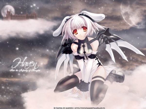 Anime picture 1280x960 with original hagure keg single looking at viewer fringe short hair light erotic red eyes bare shoulders signed silver hair cloud (clouds) wallpaper no panties bunny girl mechanical wings girl thighhighs black thighhighs detached sleeves