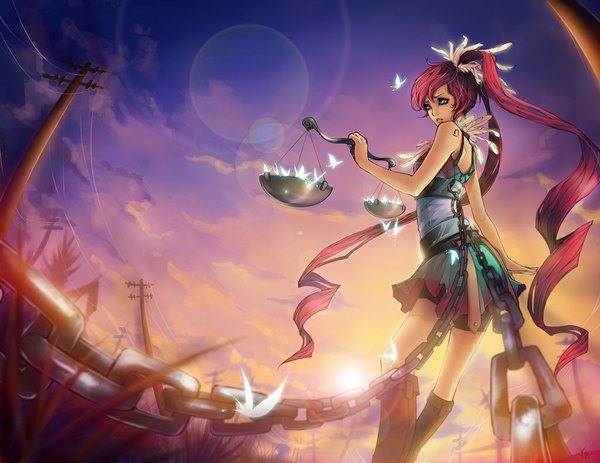 Anime picture 1024x791 with original unodu single twintails pink hair sky cloud (clouds) aqua eyes evening sunset zodiac libra (zodiac) girl insect butterfly chain feather (feathers) wire (wires)