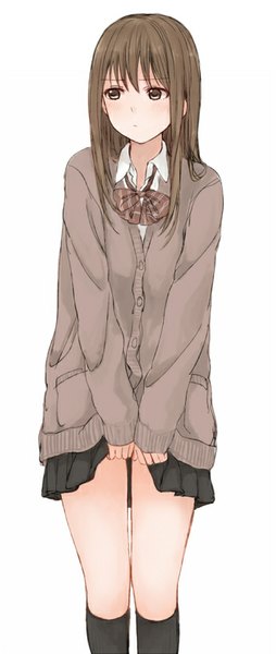 Anime picture 352x830 with original krsk single long hair tall image blush fringe simple background brown hair standing white background brown eyes looking away pleated skirt embarrassed skirt lift open collar girl skirt uniform