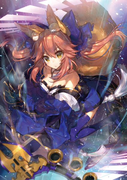 イラスト 636x900 と Fateシリーズ fate/extra tamamo (fate) (all) キャス狐 ちょこ庵 ソロ 長髪 長身像 カメラ目線 前髪 おっぱい simple background hair between eyes 大きな乳房 白背景 ツインテール 獣耳 黄色眼 payot ピンク髪